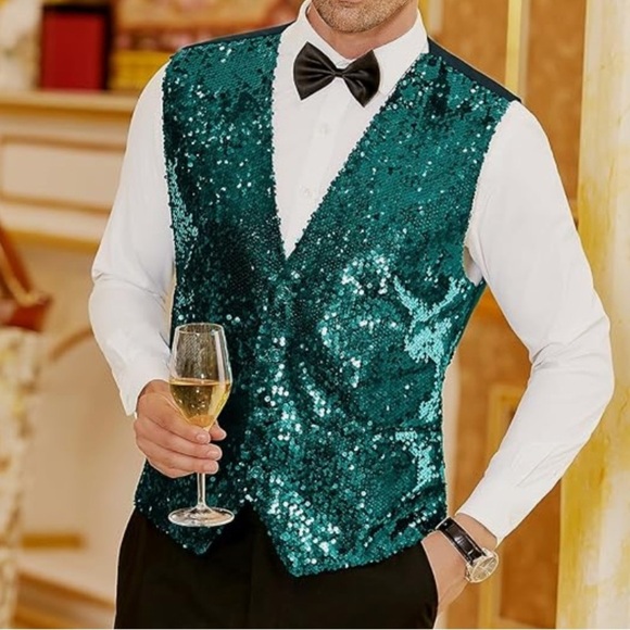 NWT COOFANDY Men's Sequins Vest Slim Fit Vest size M dark green - Picture 3 of 7